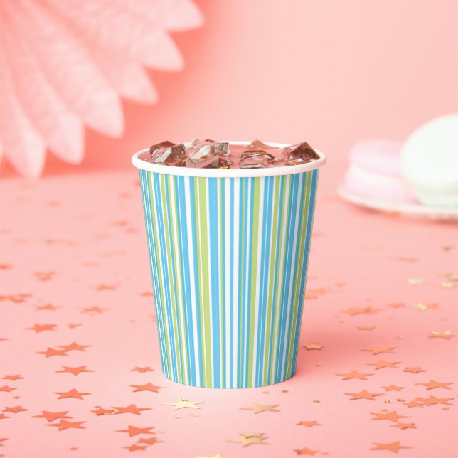 Blue and Lime Green Striped   Paper Cups (Insitu)