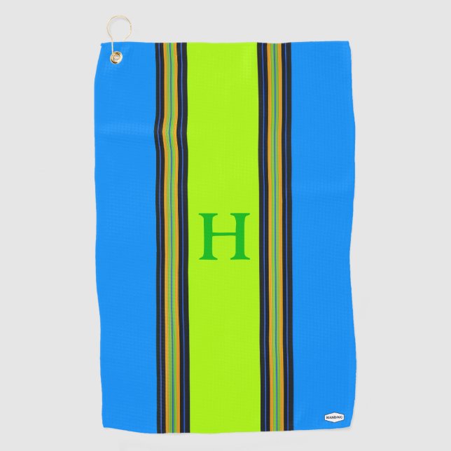 Blue and Lime Personalised Golf Towel HAMbWG (Front)