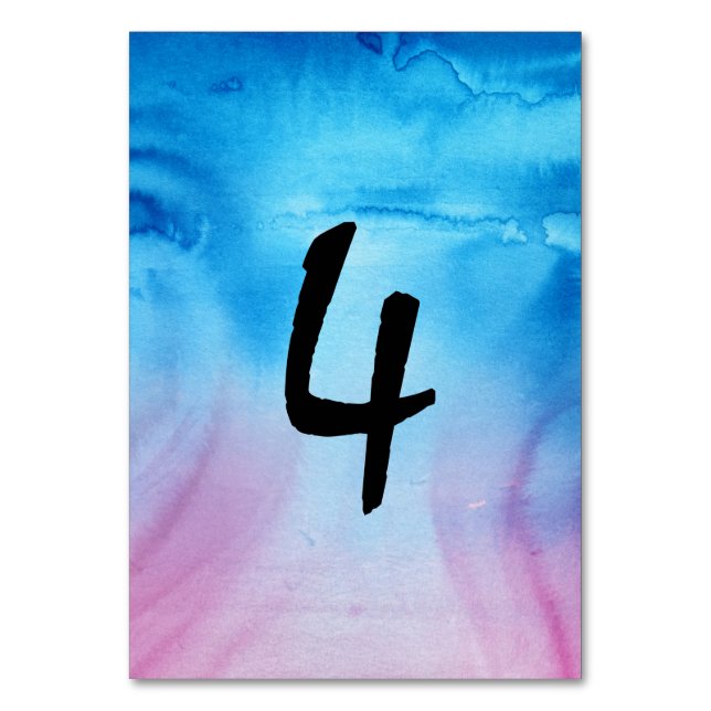 Blue and Magenta Wedding Watercolor Table Numbers (Front)