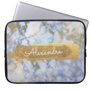 Blue and Marble with Gold Foil and Glitter Laptop Sleeve