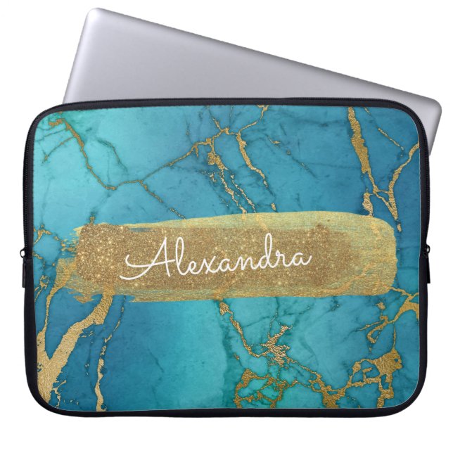 Blue and Marble with Gold Foil and Glitter Laptop Sleeve (Front)