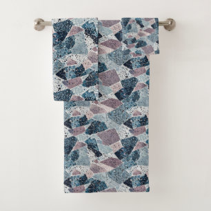 Blue and Mauve Abstract Terrazzo Design Bath Towel Set