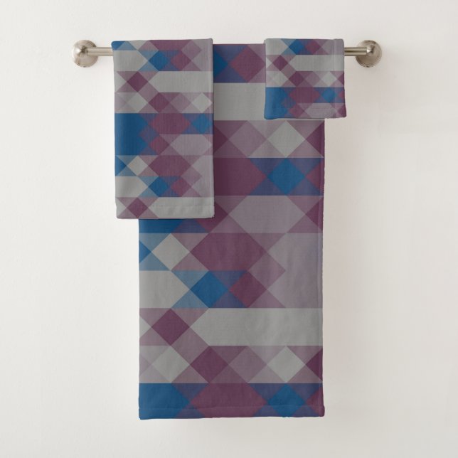 blue and mauve geometric pattern bath towel set (Insitu)