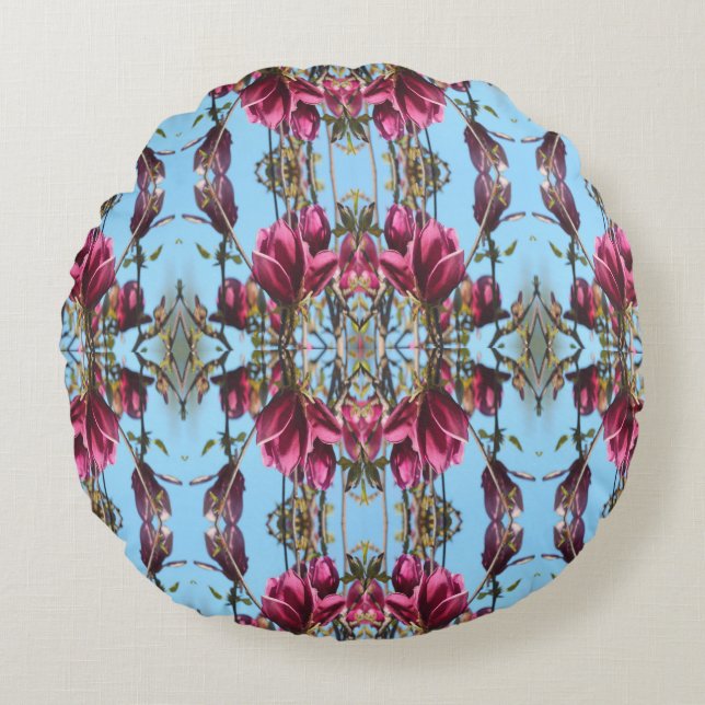 Blue and Mauve Tulip Magnolia Round Pouf Pillow (Front)
