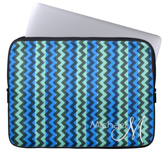 Blue and Mint Chevron Zigzag Custom Monogram Laptop Sleeve (Front)