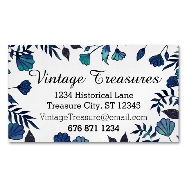 Blue and Mint Colour Floral Pattern Magnetic Business Card (Front)