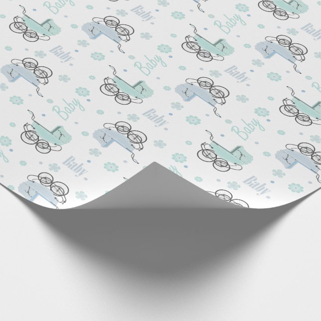 Blue and Mint Green Baby Buggy Wrapping Paper (Corner)