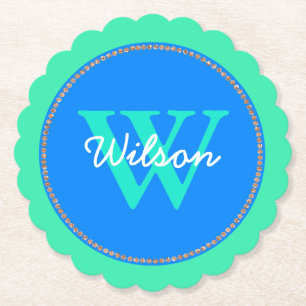 Blue and Mint Green Monogrammed Paper Coasters 3