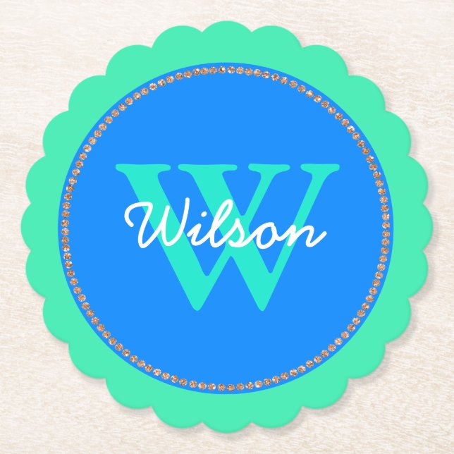 Blue and Mint Green Monogrammed Paper Coasters 3 (Front)