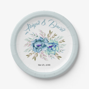 Blue and mint green watercolor flowers wedding paper plate