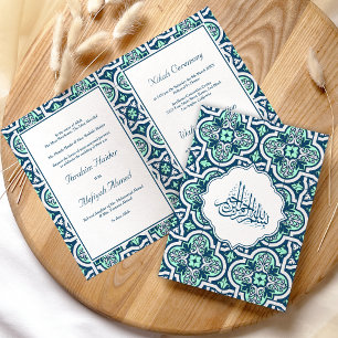 Blue and Mint Islamic Arabesque Muslim Wedding Invitation