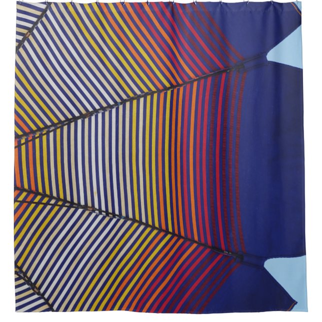 Blue and multicolored umbrella shower curtain (Front)