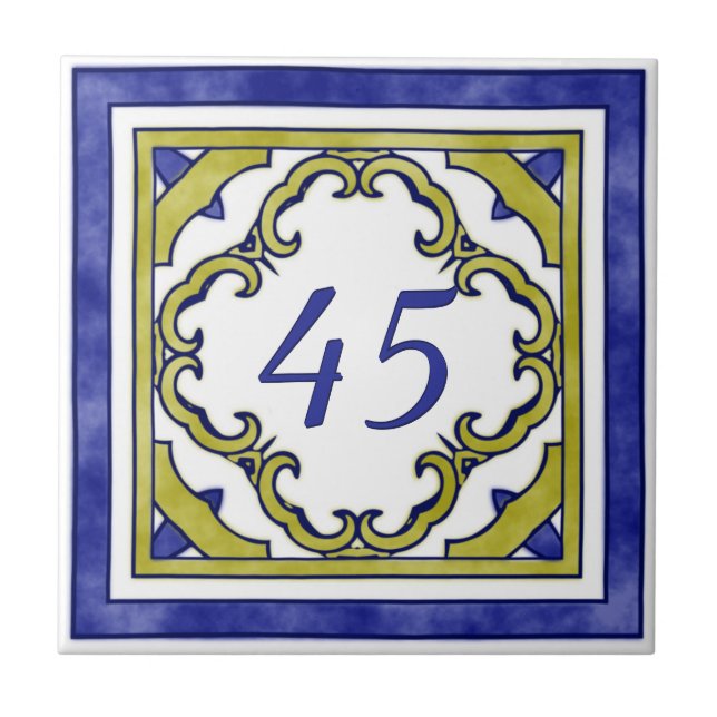 Blue and Mustard Green Big House Number Ceramic Tile (Front)