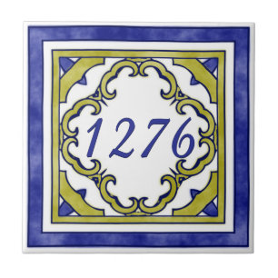 Blue and Mustard Green Small House Number Tile