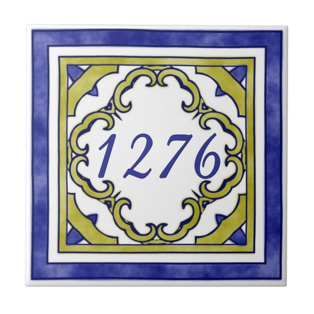 Blue and Mustard Green Small House Number Tile (Front)