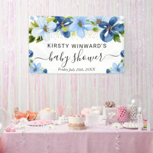 Blue and Navy Flowers Baby Shower Welcome Banner
