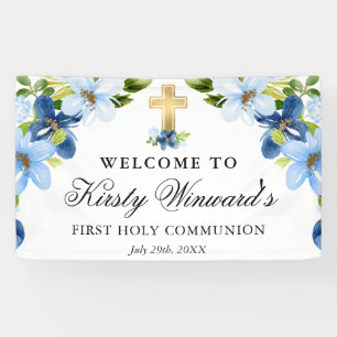 Blue and Navy Flowers First Holy Communion Banner