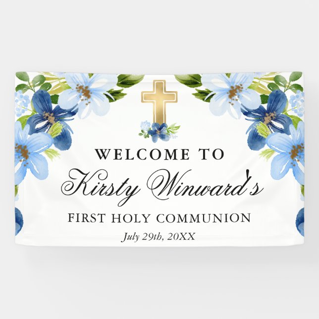 Blue and Navy Flowers First Holy Communion Banner (Horizontal)