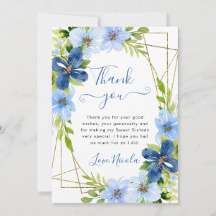 Blue and Navy Flowers Gold Frame Sweet 16 Thank You Card