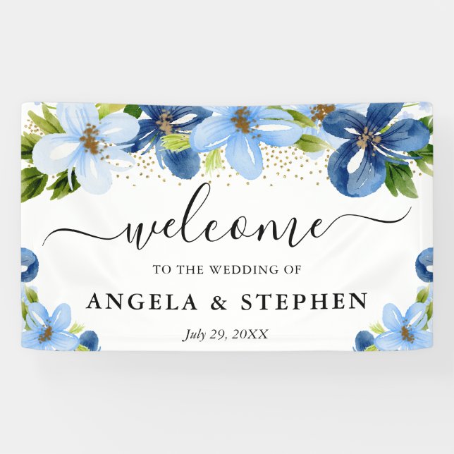 Blue and Navy Flowers Wedding Welcome Banner (Horizontal)