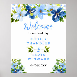 Blue and Navy Flowers Wedding Welcome Sign