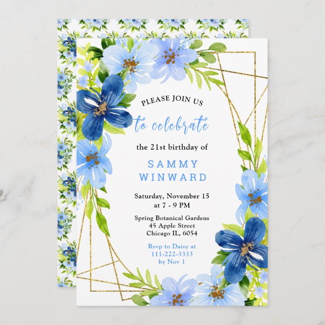 Blue and Navy Flowers with Foliage Birthday Invitation (Front/Back)