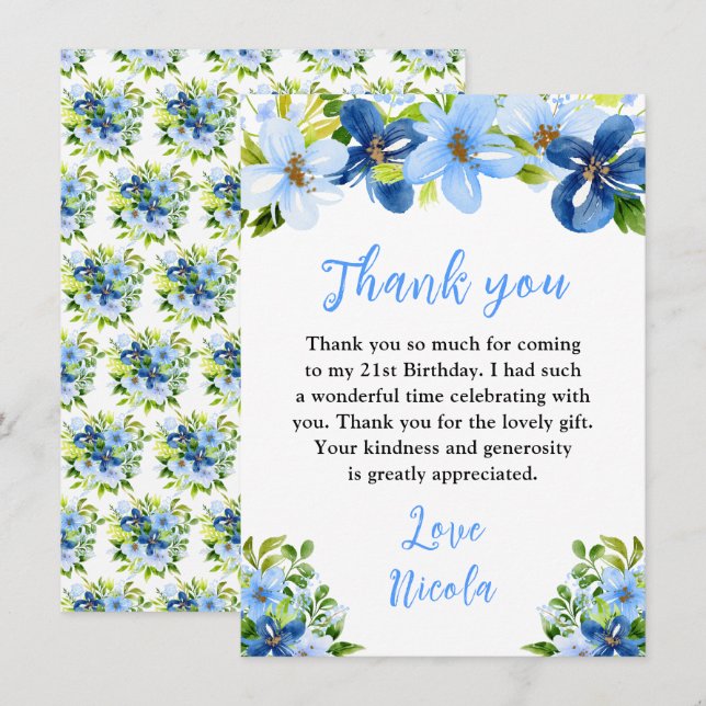 Blue and Navy Flowers with Foliage Birthday Thank You Card (Front/Back)