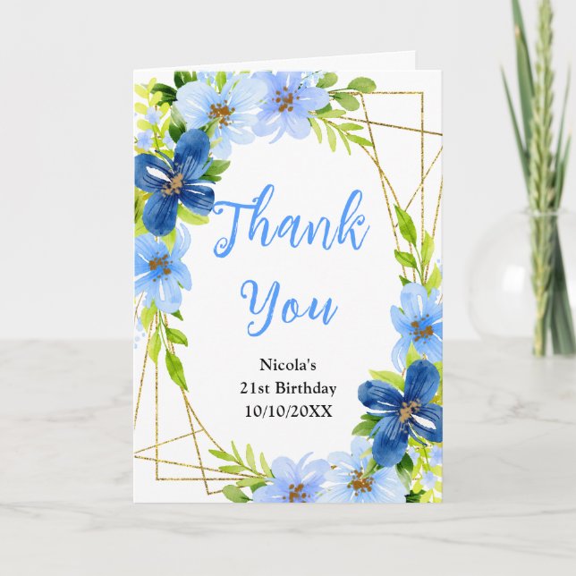 Blue and Navy Flowers with Foliage Birthday Thank You Card (Front)