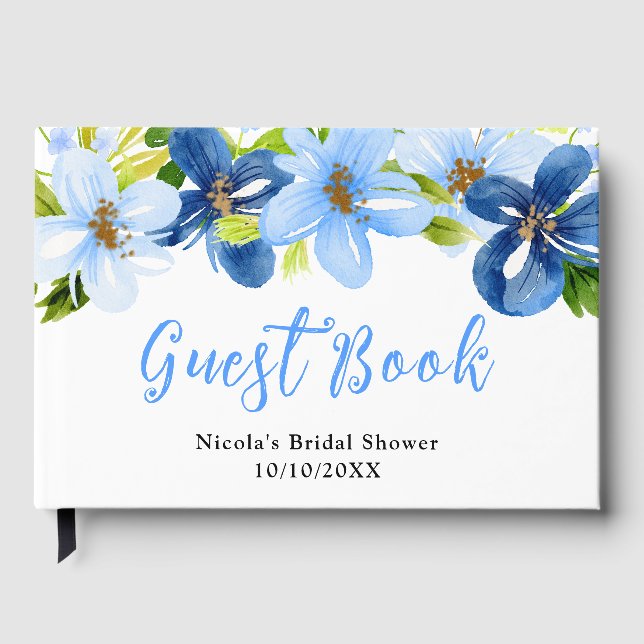 Blue and Navy Flowers with Foliage Bridal Shower Guest Book (Front)