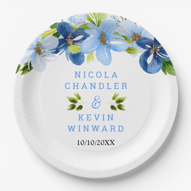 Blue and Navy Flowers with Foliage  Paper Plate (Front)