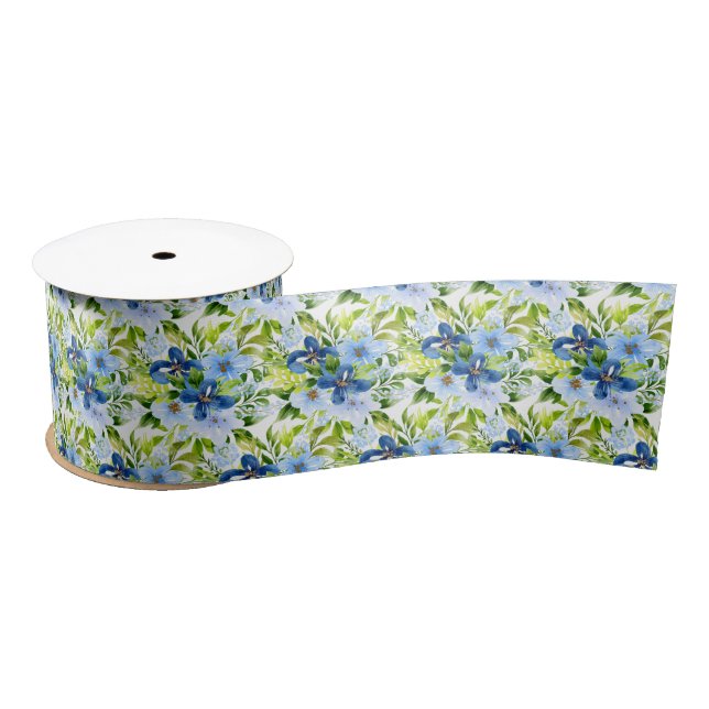 Blue and Navy Flowers with Foliage  Satin Ribbon (Spool)
