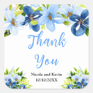 Blue and Navy Flowers with Foliage  Square Sticker