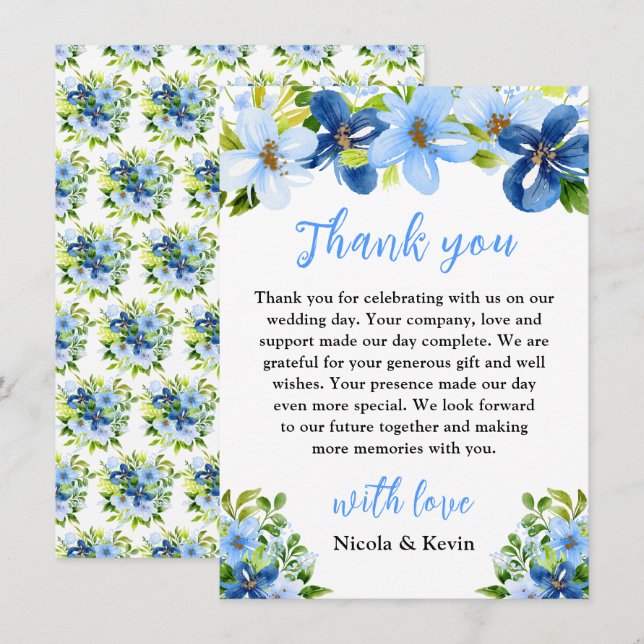 Blue and Navy Flowers with Foliage  Thank You Card (Front/Back)