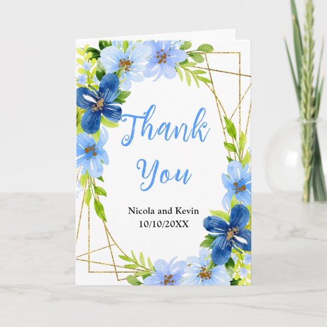Blue and Navy Flowers with Foliage  Thank You Card (Front)