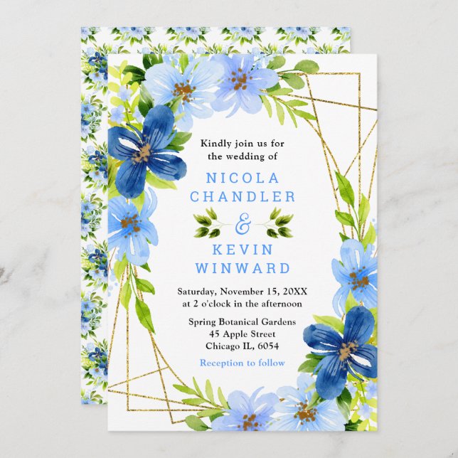 Blue and Navy Flowers with Foliage Wedding Invitation (Front/Back)
