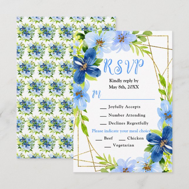 Blue and Navy Flowers with Foliage Wedding RSVP Card (Front/Back)