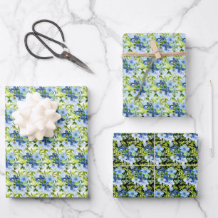 Blue and Navy Flowers with Foliage Wrapping Paper Sheet