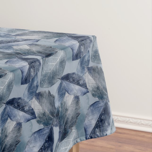 Blue and Navy Leaves Only On Blue Background Tablecloth (In Situ)