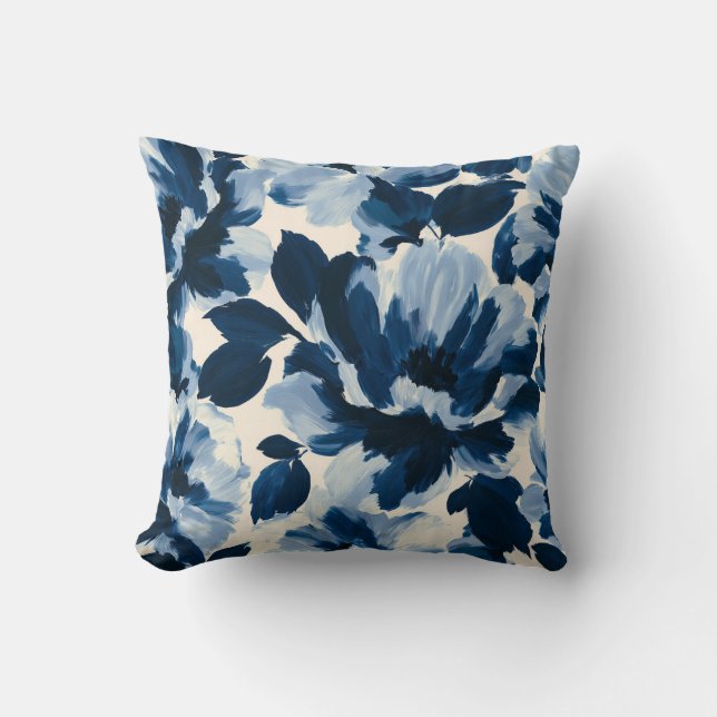 Blue and Navy painterly flower pattern Cushion (Front)
