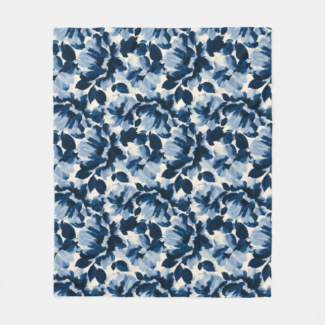 Blue and Navy painterly flower pattern Fleece Blanket (Front)
