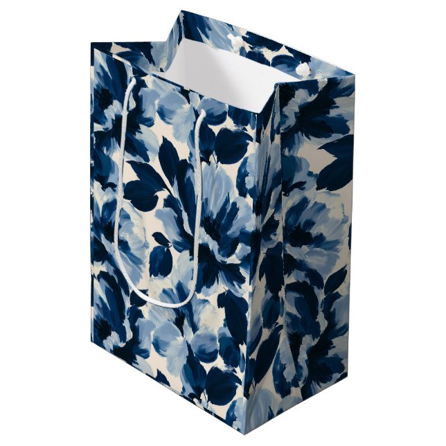 Blue and Navy painterly flower pattern Medium Gift Bag (Front Angled)