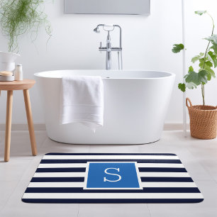 Blue and Navy Stripes Monogram Bath Mat