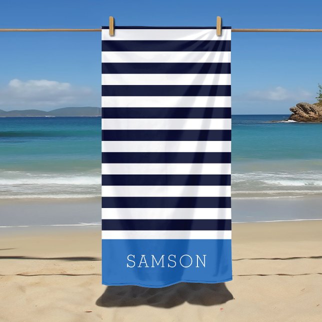 Blue and Navy Stripes Monogram Beach Towel (Creator Uploaded)