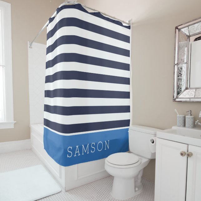 Blue and Navy Stripes Monogram Shower Curtain (In Situ)