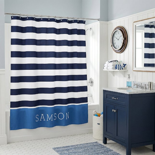 Blue and Navy Stripes Monogram Shower Curtain (Creator Uploaded)