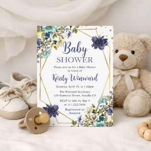 Blue and Navy Summer Flowers Frame Baby Shower Invitation
