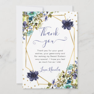 Blue and Navy Summer Flowers Frame Sweet 16 Thank You Card