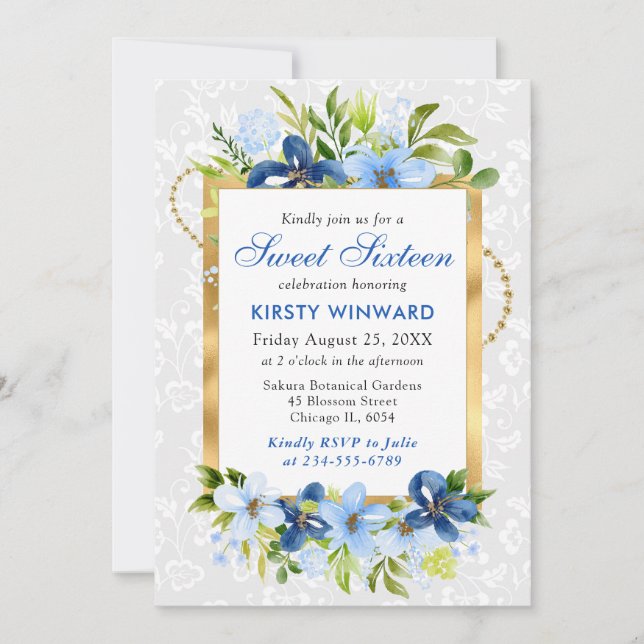 Blue and Navy Summer Flowers Gold Foil Sweet 16 Invitation (Front)