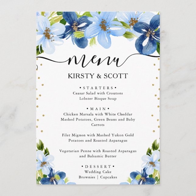 Blue and Navy Summer Flowers Wedding Menu (Front)