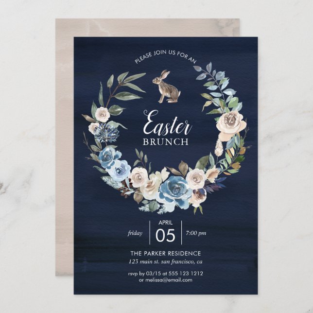 Blue and Neutral Floral Wreath | Bunny Easter Invitation (Front/Back)
